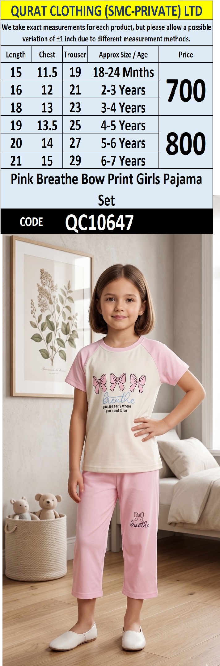 Pink Breathe Bow Print Girls Pajama Set QC10647