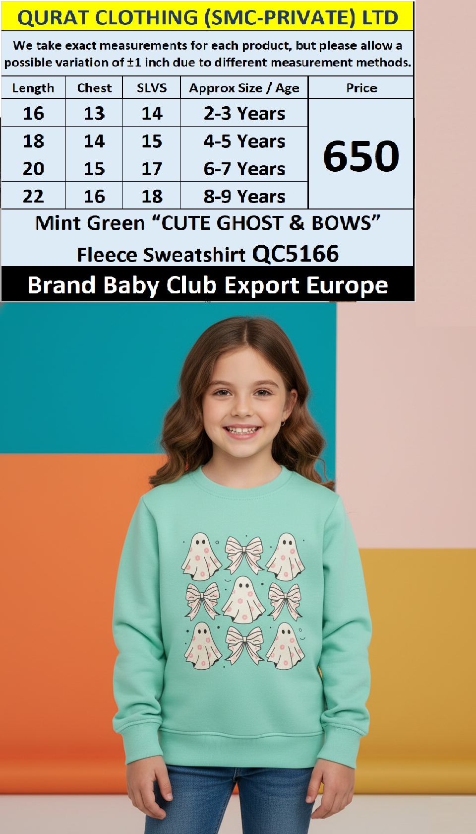 Baby Club Mint Green “Cute Ghost & Bows” Fleece Sweatshirt QC5166 – Export Europe