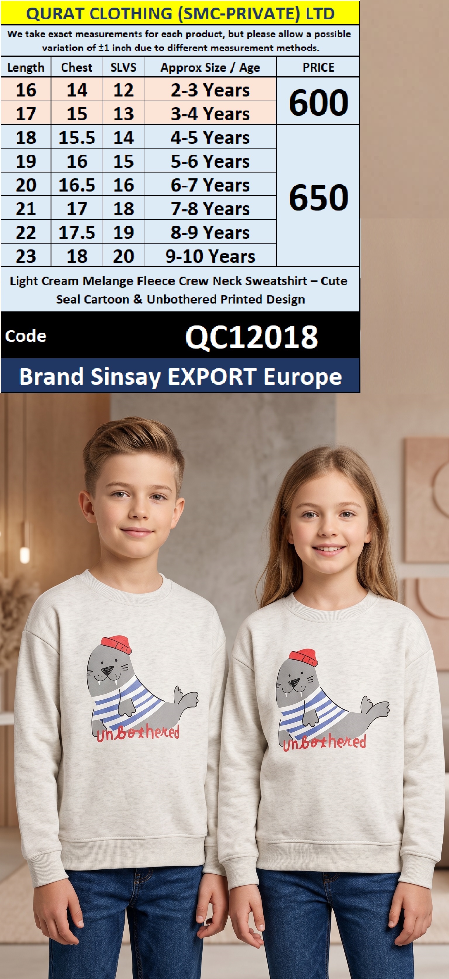 Light Cream Melange Fleece Crew Neck Sweatshirt with Cute Seal Cartoon & Unbothered Printed Design – Sinsay Export Europe – QC12018