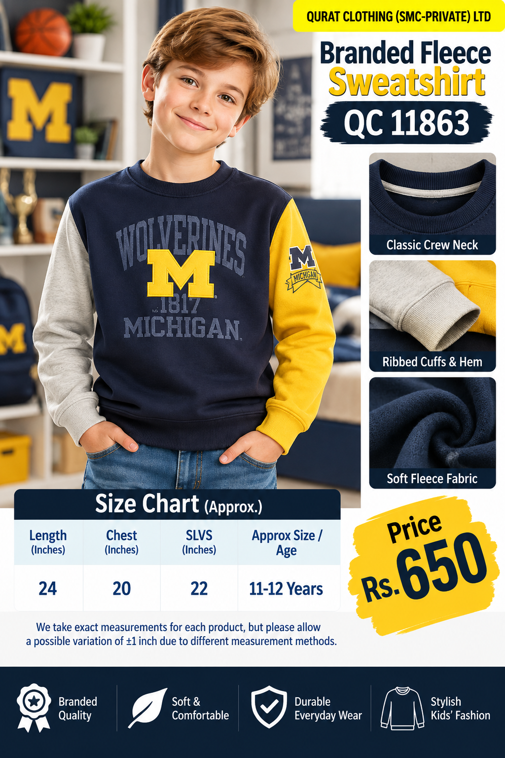 Branded navy yellow and light grey fleece sweatshirt with Wolverines Michigan graphic and contrast sleeves — QC11863