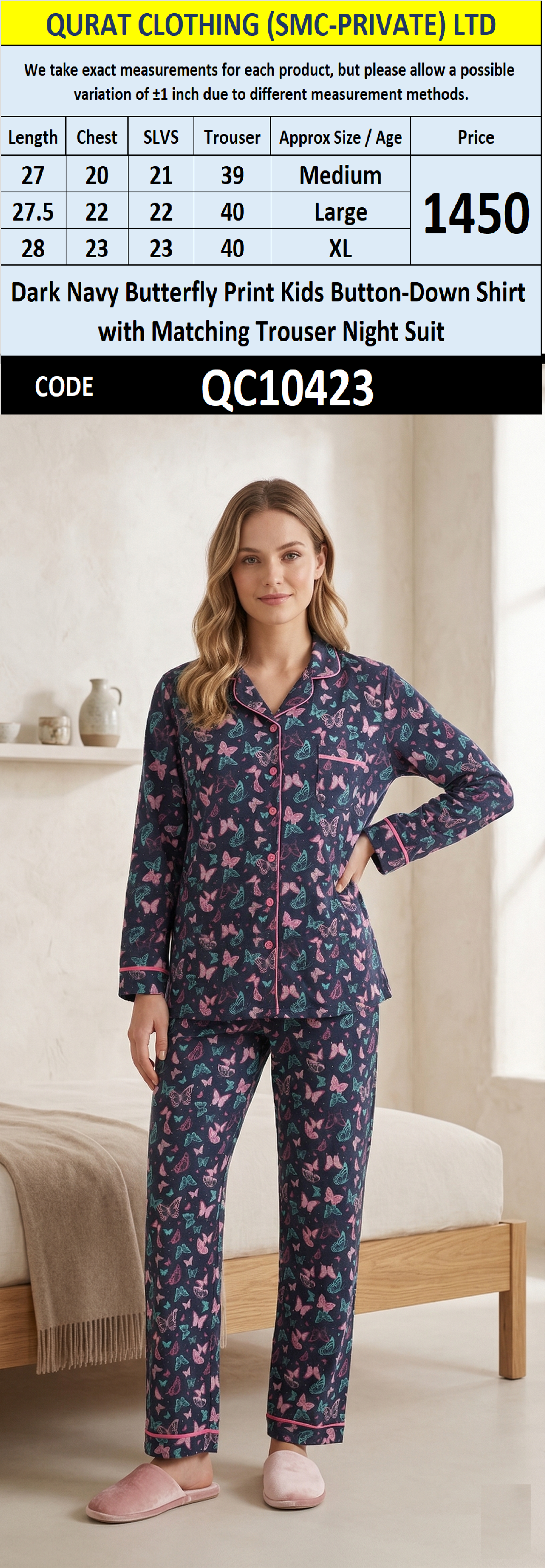 Dark Navy Butterfly Print Button-Down Shirt with Matching Trouser Night Suit QC10423