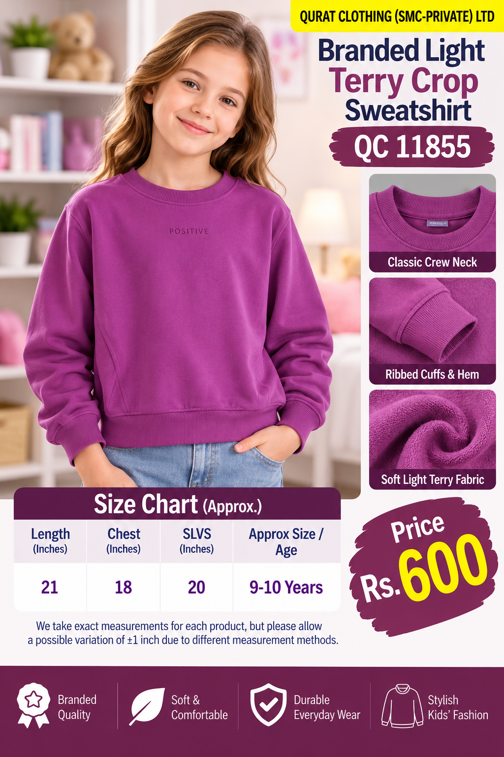 Branded purple light terry crop sweatshirt with small Positive lettering — QC11855