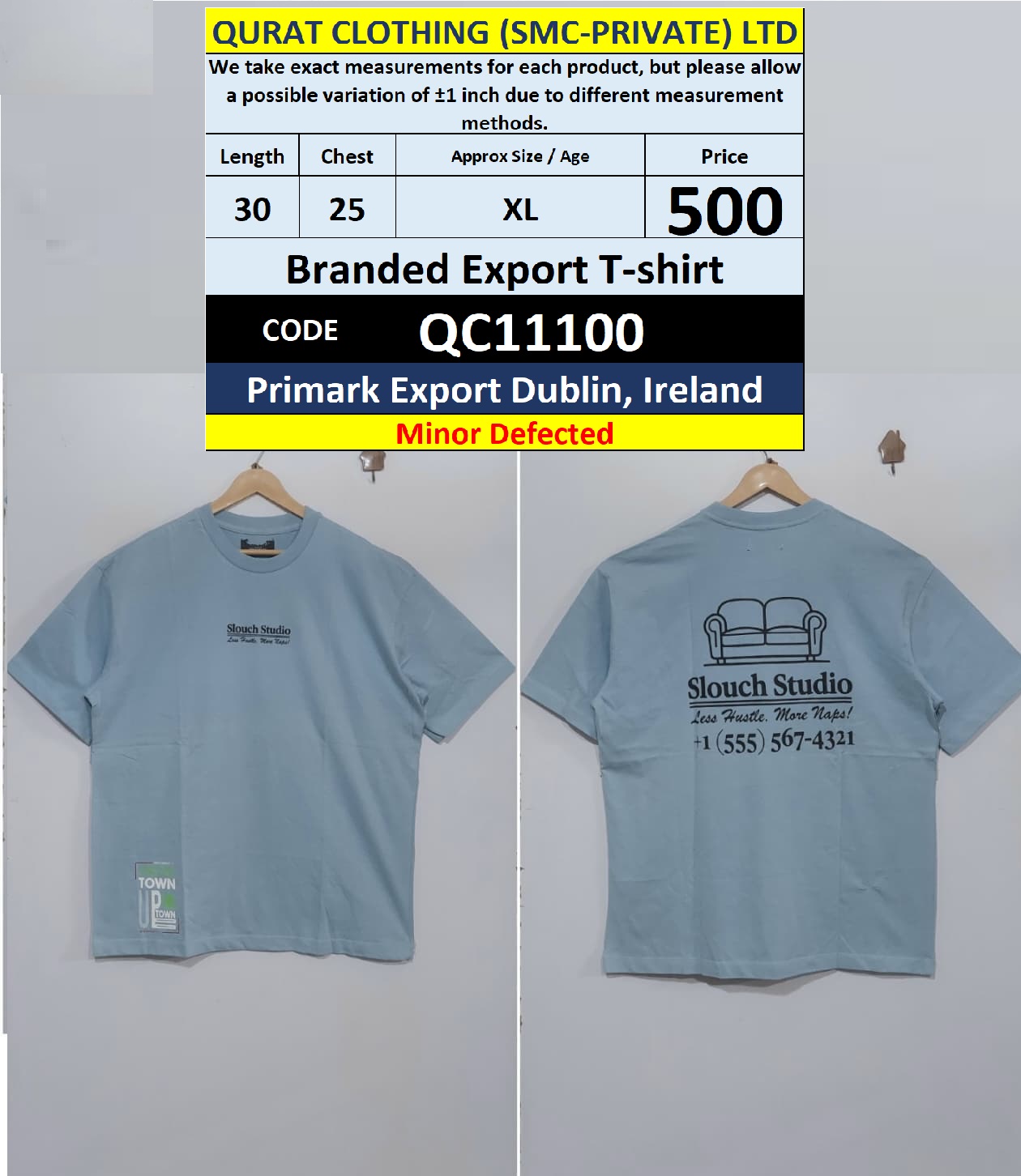 Primark Dublin Ireland Sky Blue Slouch Studio Back Print Export T-Shirt – QC11100