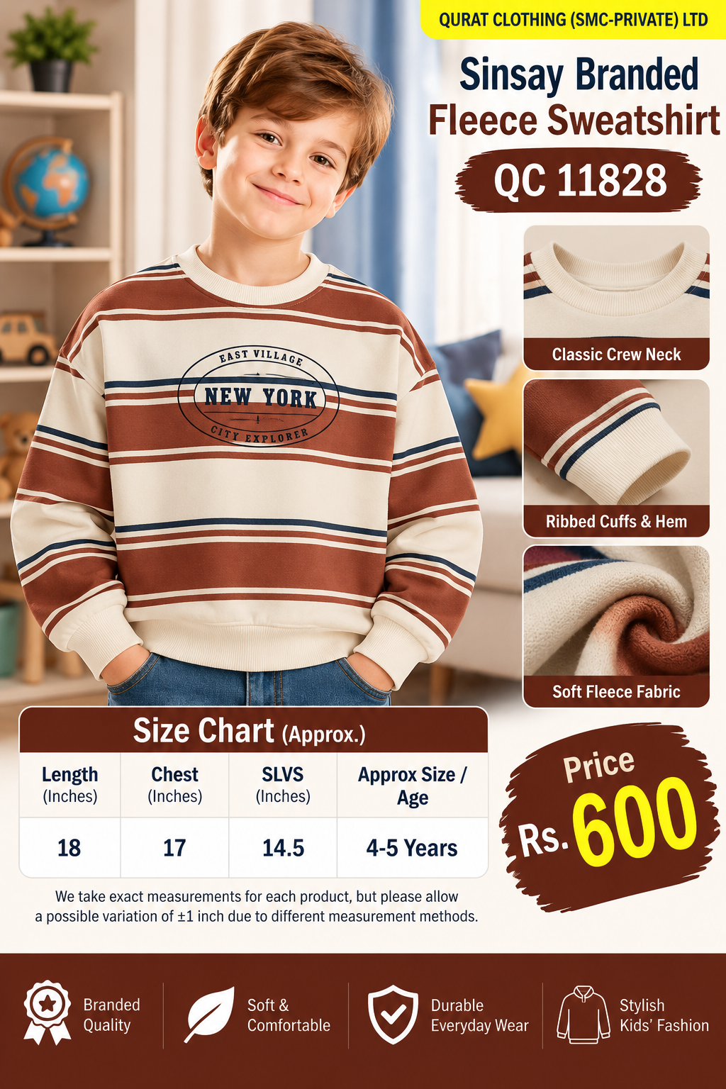 Sinsay Branded Cream And Rust Brown Fleece Sweatshirt with horizontal stripes with navy accents and East Village New York City Explorer print — QC11828