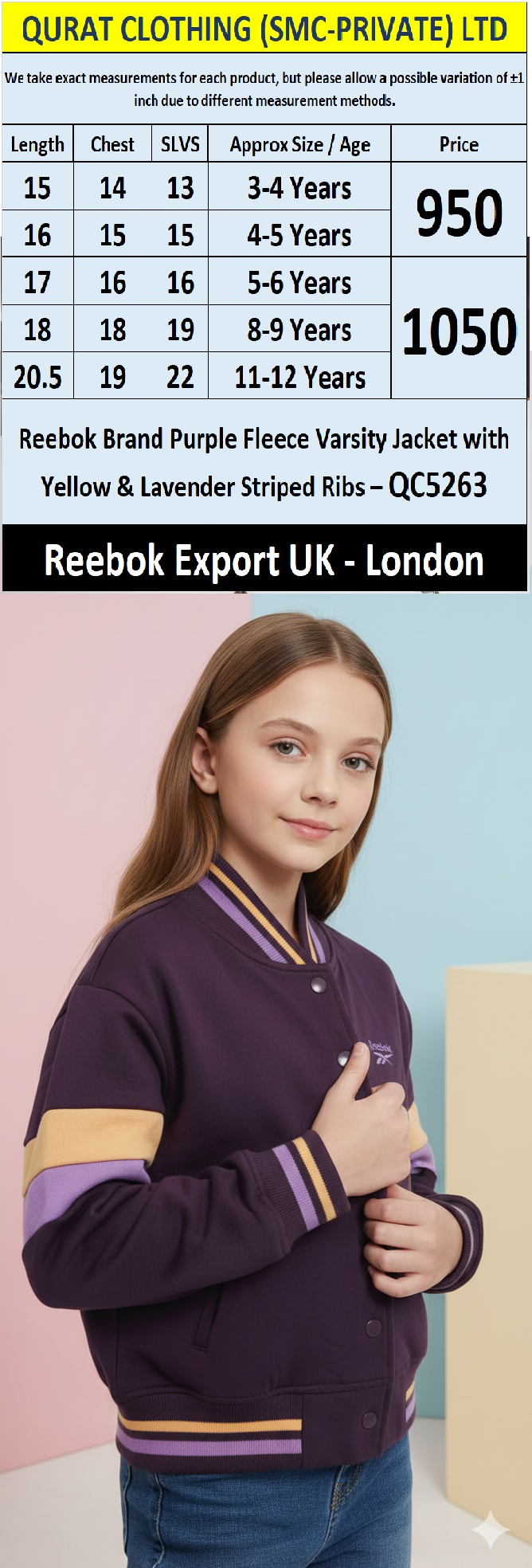 Reebok Brand Purple Fleece Varsity Jacket with Yellow & Lavender Striped Ribs – QC5263 – Export UK London