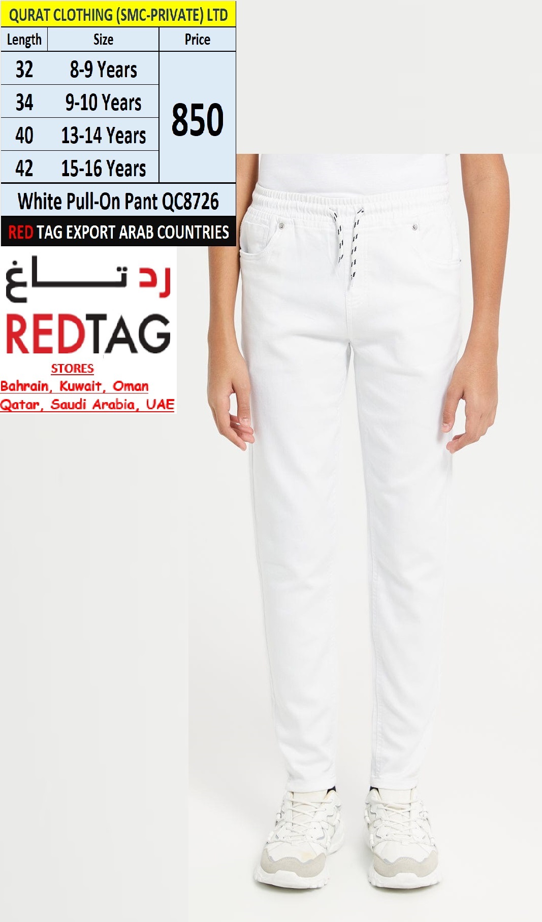 Branded Red Tag White Pull-On Pant QC8726 Export Arab Countries