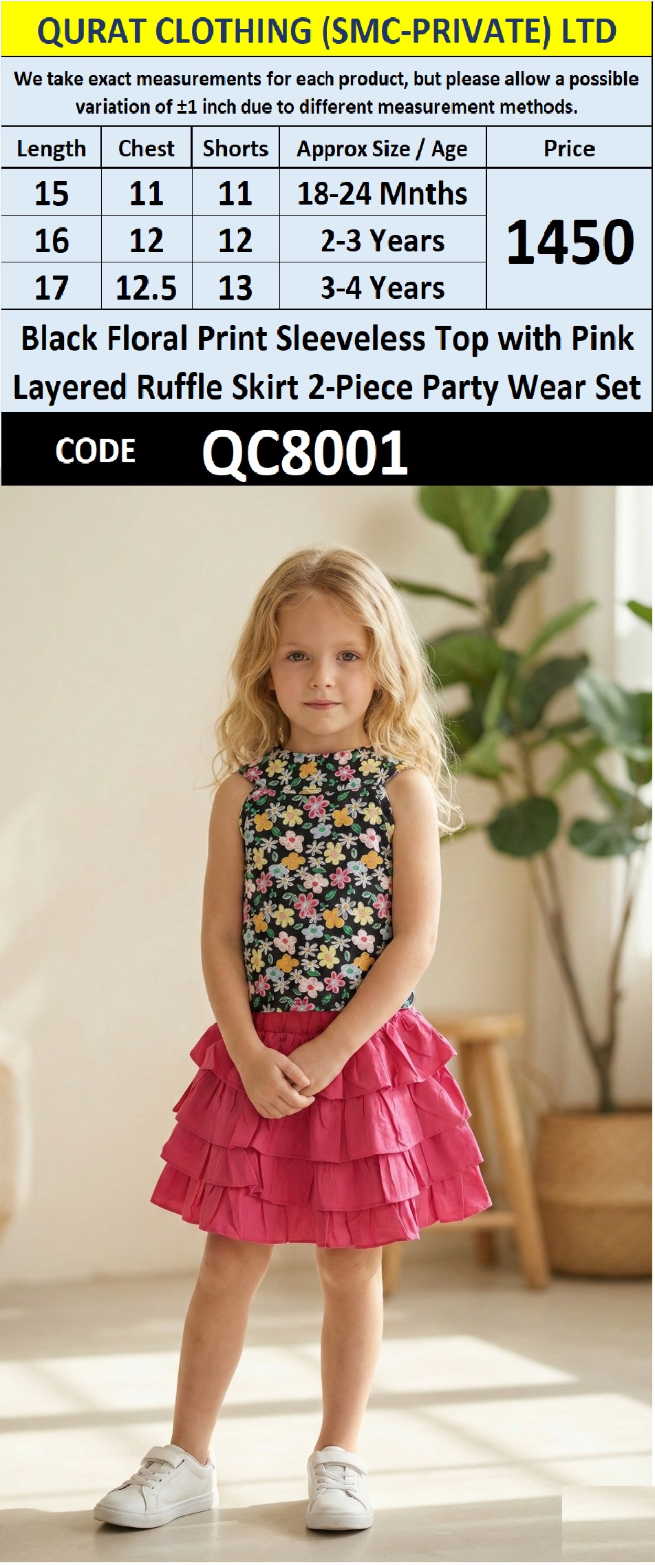 Black Floral Print Sleeveless Top with Pink Layered Ruffle Skirt 2-Piece Party Wear Set – QC8001 - QC8001