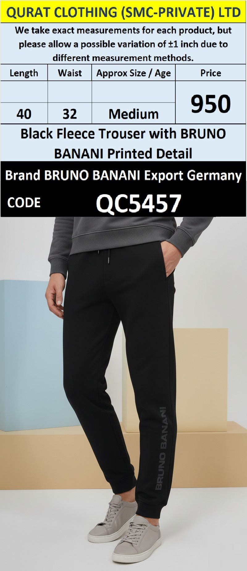 QC5457 Black Fleece Trouser with Bruno Banani Printed Detail – Bruno Banani Export Germany