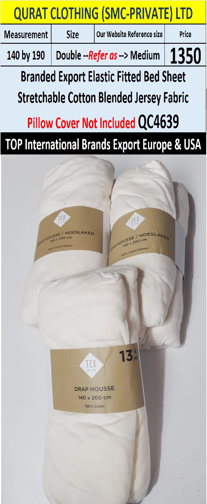 Top Intl Brand Elastic Fitted Stretchable Cotton Blended Jersey Fabric Bed Sheet QC4639 Export Europe & USA