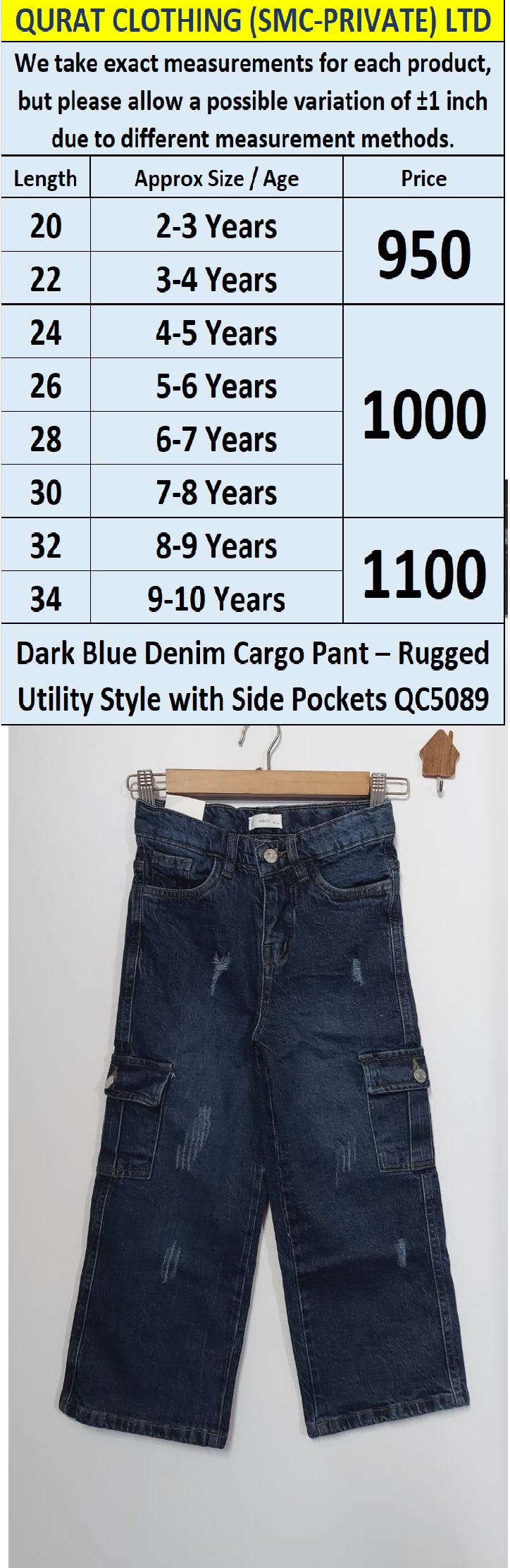 Dark Blue Denim Cargo Pant – Rugged Utility Style with Side Pockets QC5089