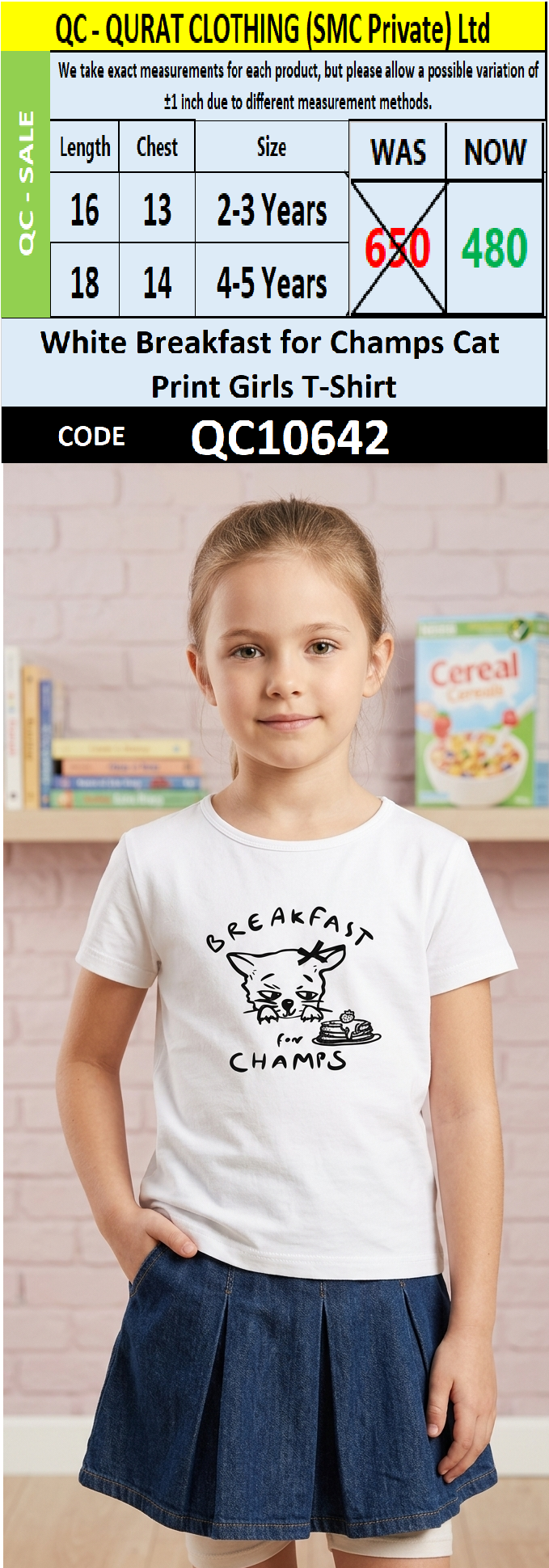 White Breakfast for Champs Cat Print Girls T-Shirt QC10642