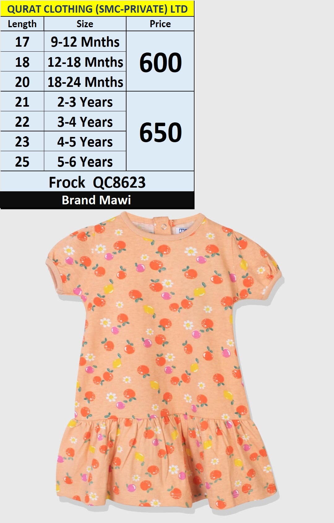 Branded Fruit & Flower Print Peach Frock QC8623 Brand Mawi (PD)
