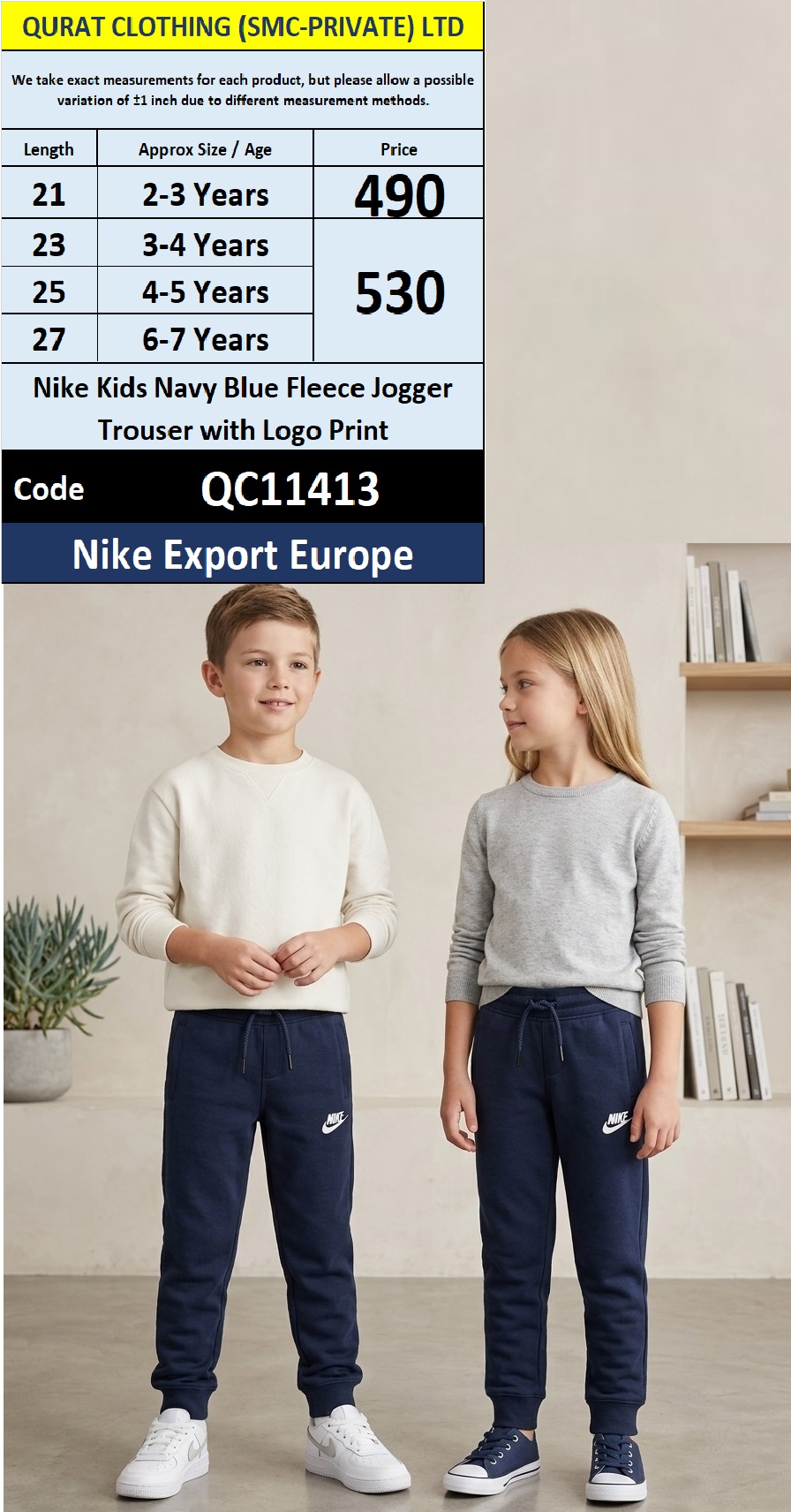 Nike Export Europe Kids Navy Blue Fleece Jogger Trouser with Logo Print – QC11413