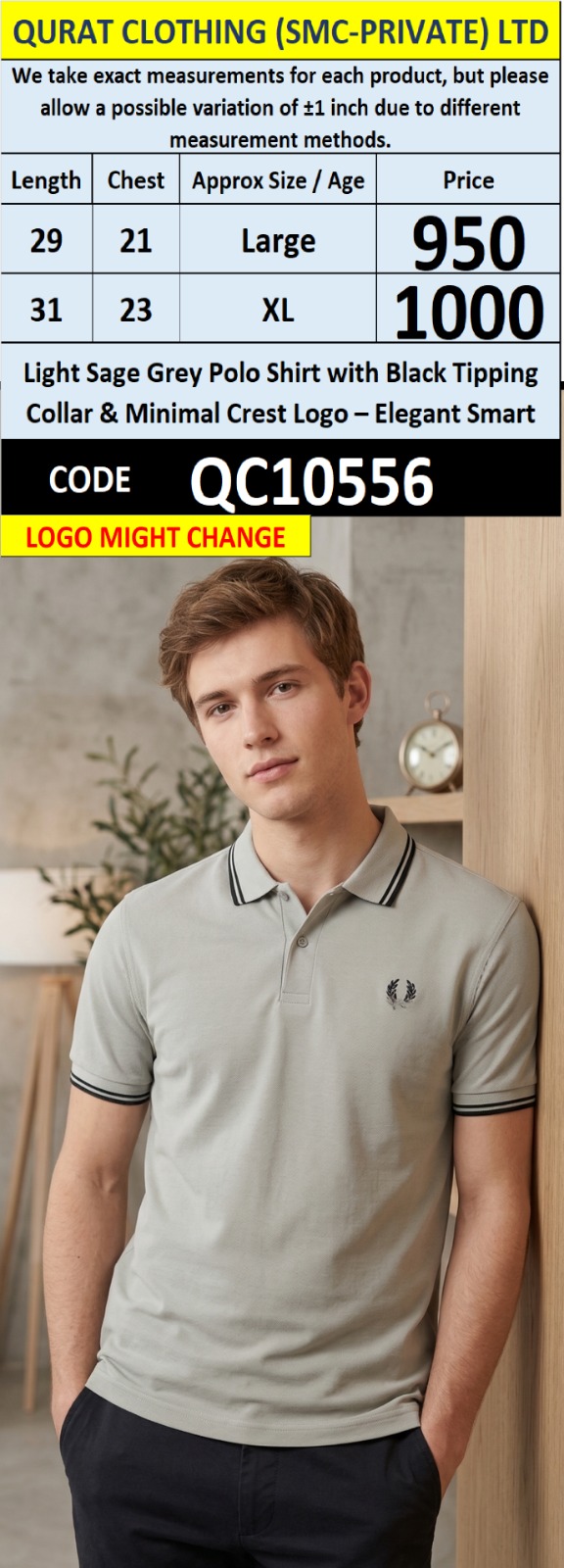 Light Sage Grey Polo Shirt with Black Tipping Collar & Minimal Crest Logo – QC10556