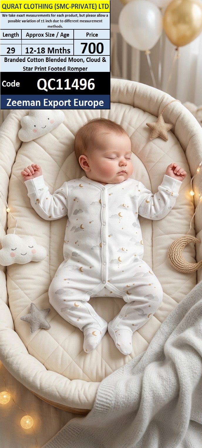 Zeeman Export Europe Branded Cotton Blended White Moon, Cloud & Star Print Footed Baby Romper – QC11496