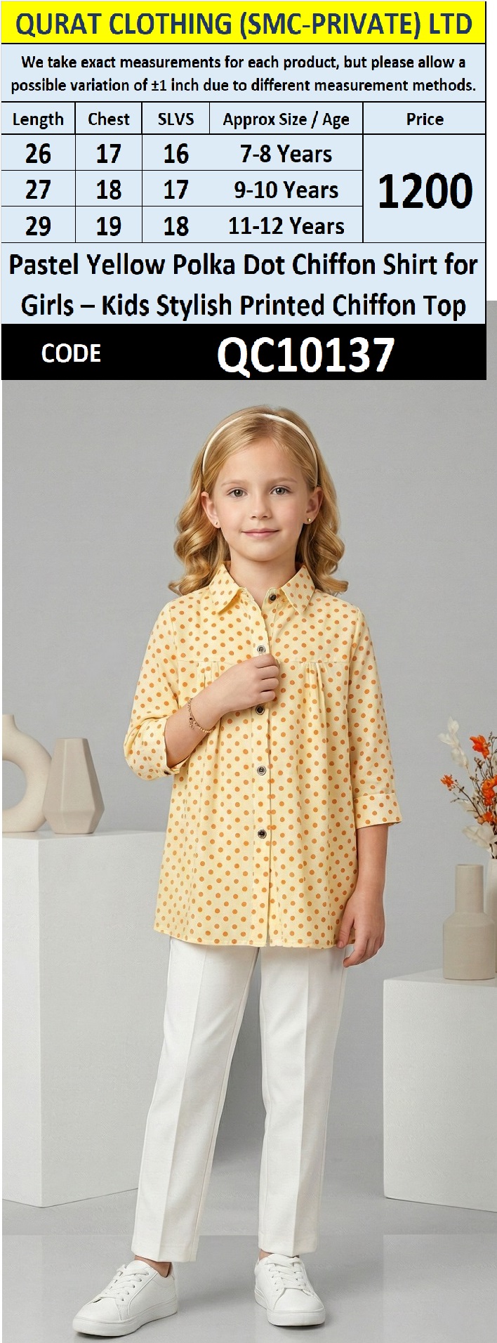 Pastel Yellow Polka Dot Chiffon Shirt for Girls – Kids Stylish Printed Chiffon Top QC10137