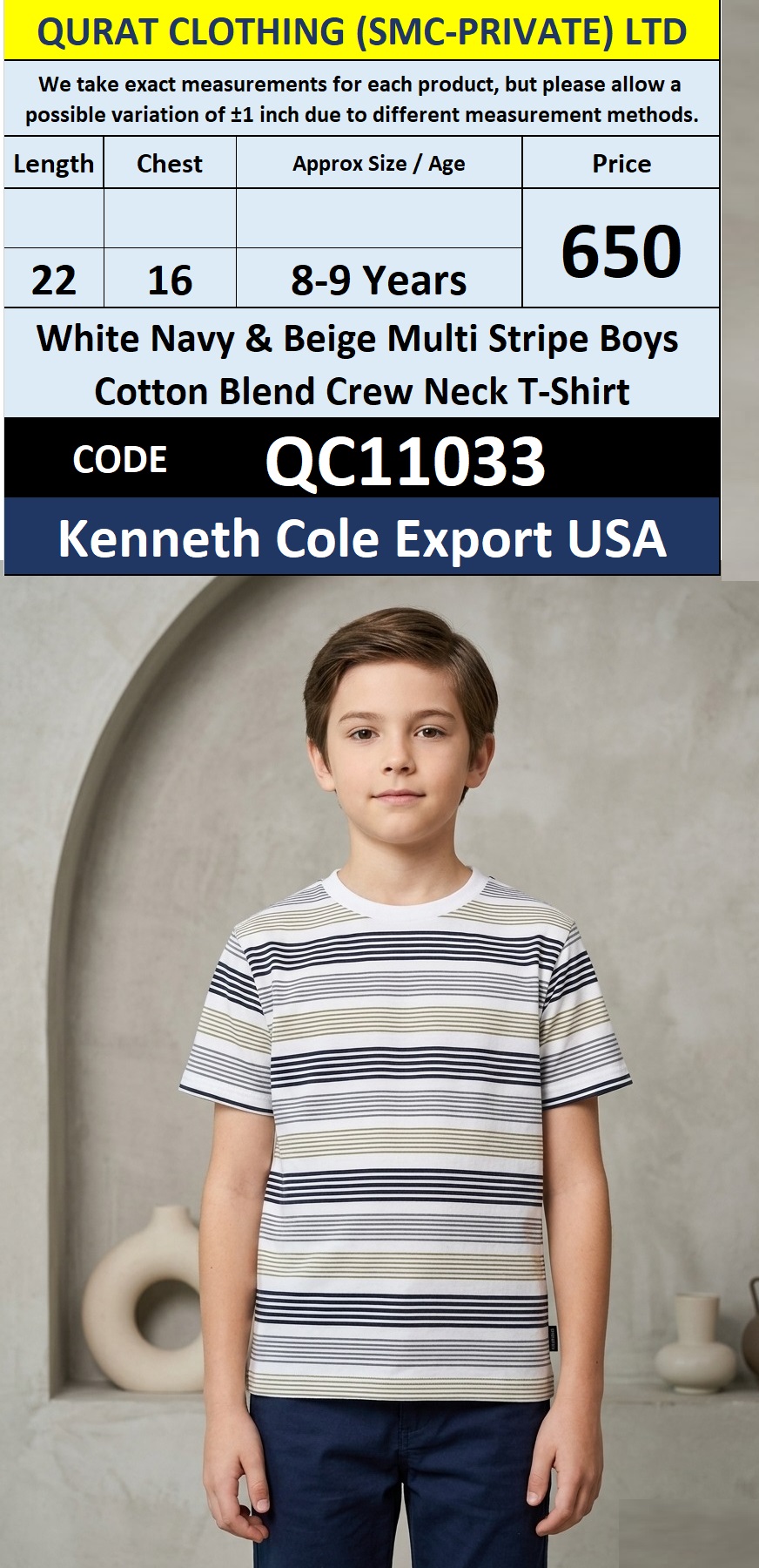 White Navy & Beige Multi Stripe Boys Cotton Blend Crew Neck T-Shirt – QC11033 – Kenneth Cole Export USA