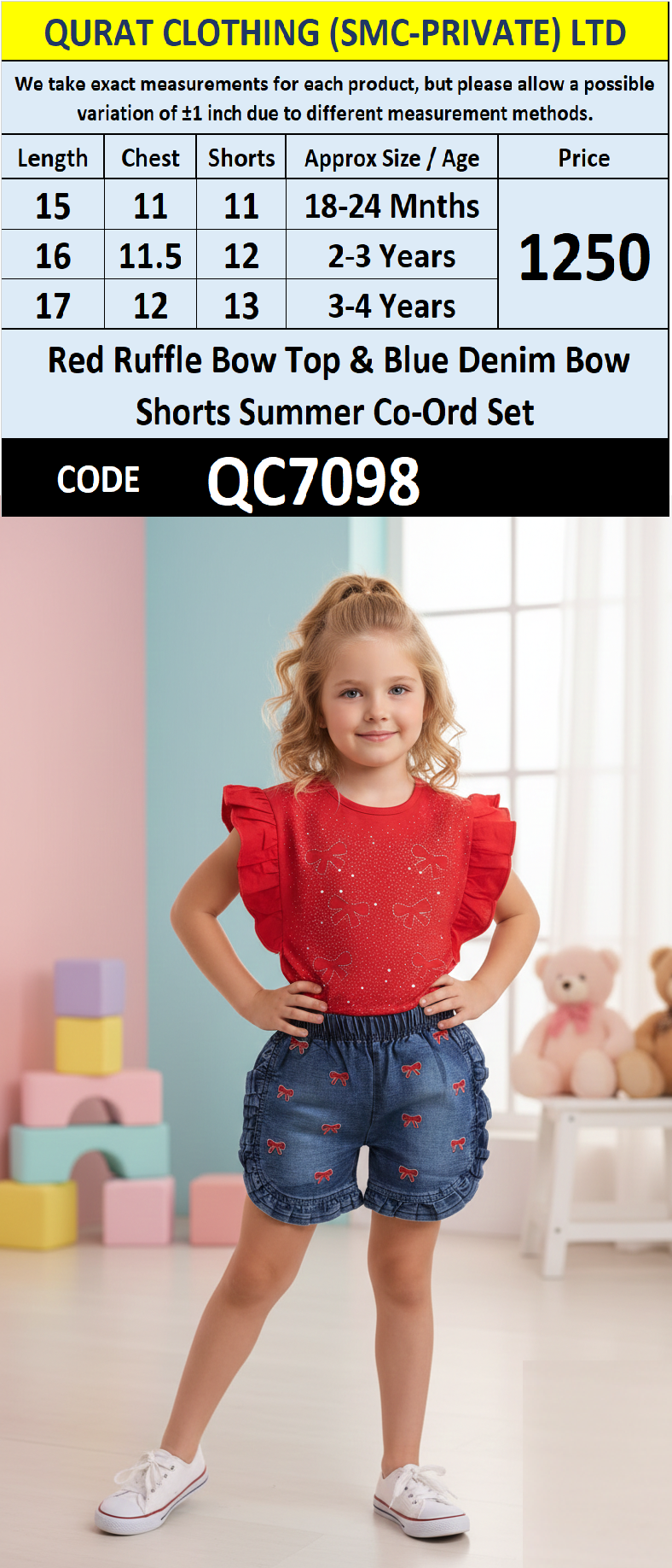 Red Ruffle Bow Top & Blue Denim Bow Shorts Summer Co-Ord Set – QC7098