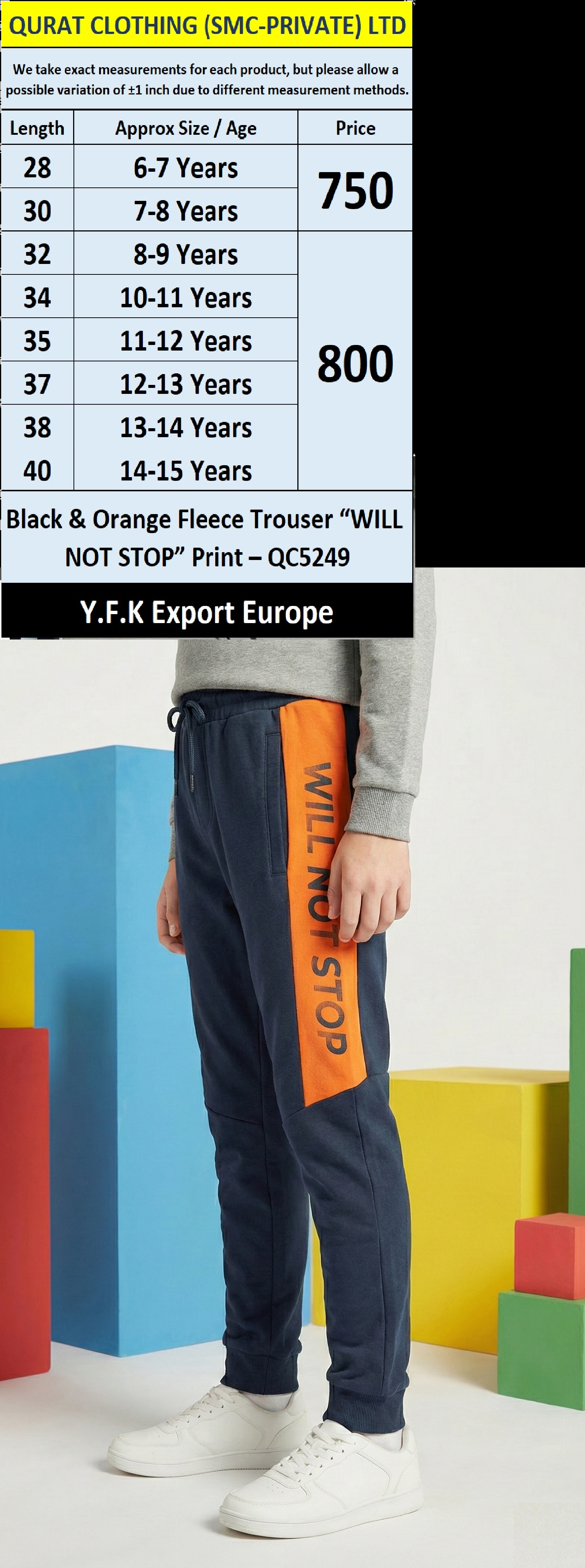 Y.F.K Black & Orange Fleece Trouser with “WILL NOT STOP” Print – QC5249