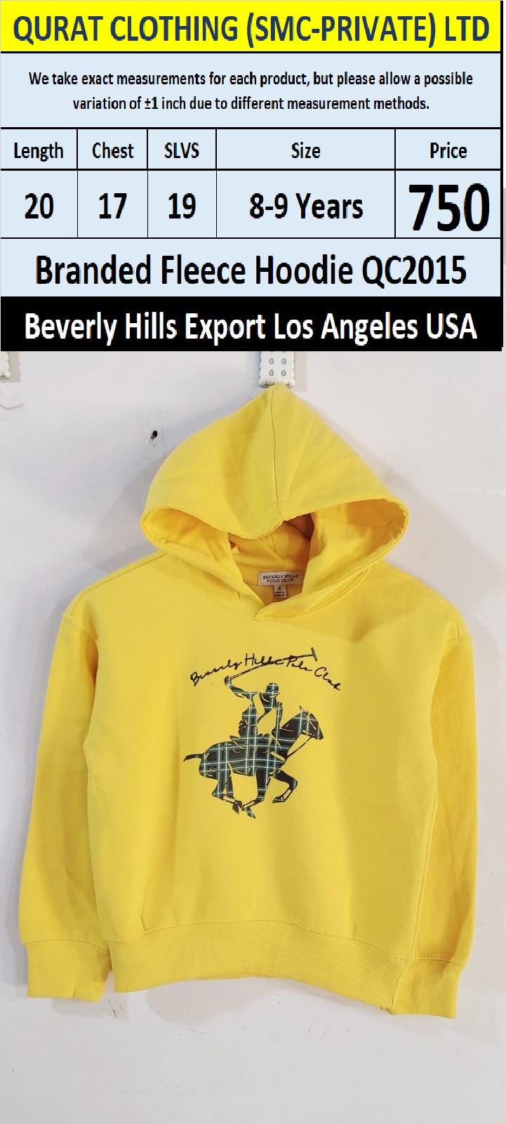 Beverly Hills Brand Fleece Hoodie QC2015 Export Los Angeles USA