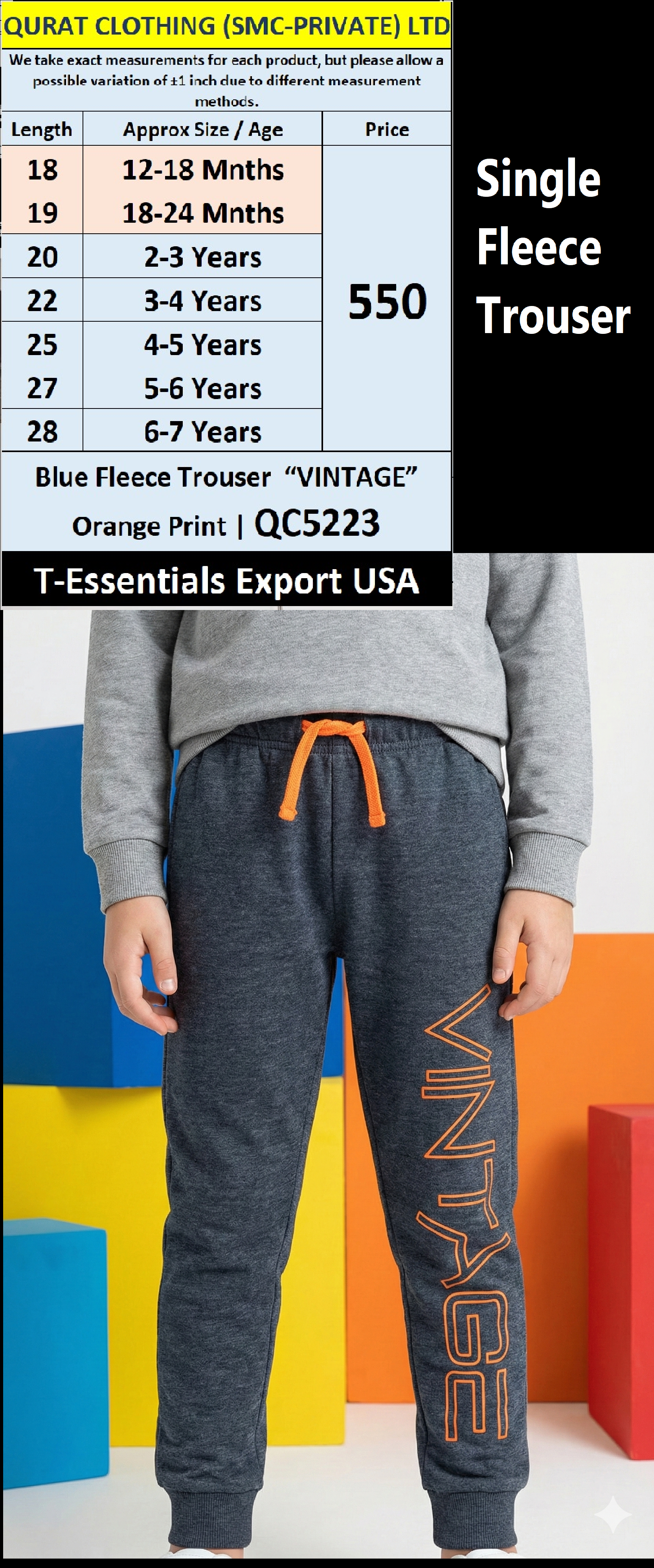 Blue Fleece Trouser “VINTAGE” Orange Print | T-Essentials Export USA – QC5223