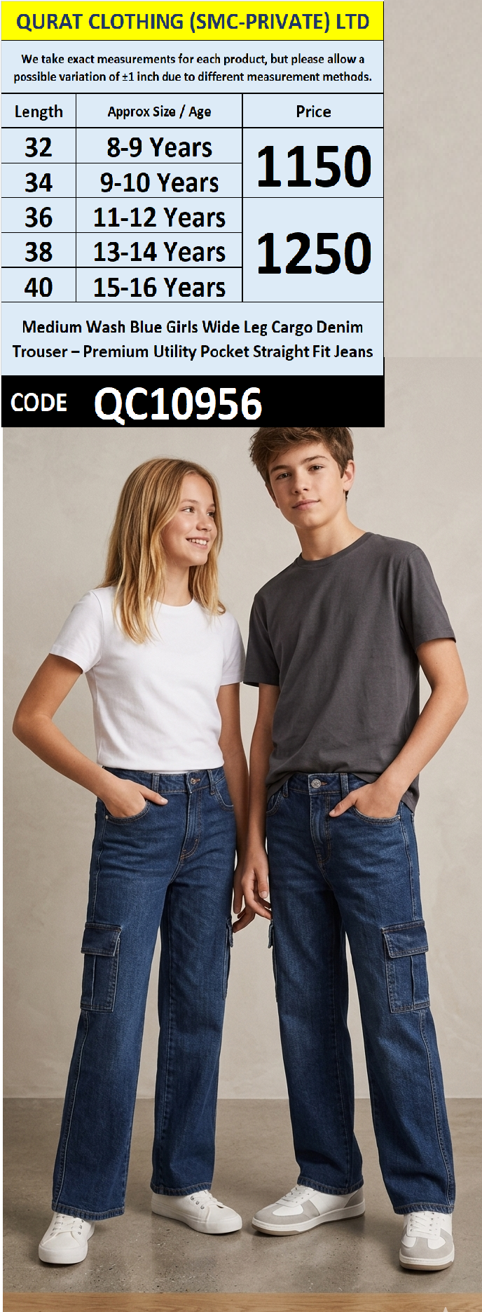 Medium Wash Blue Boy & Girls Wide Leg Cargo Denim Trouser – Premium Utility Pocket Straight Fit Jeans QC10956