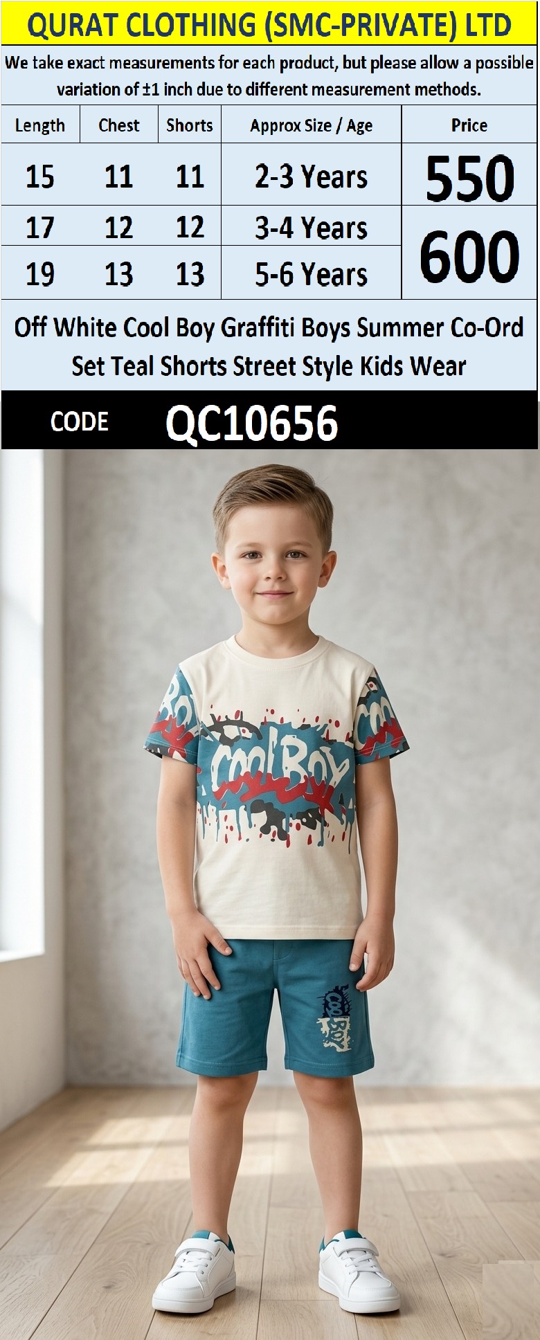 Off White Cool Boy Graffiti Boys Summer Co-Ord Set Teal Shorts Street Style Kids Wear QC10656