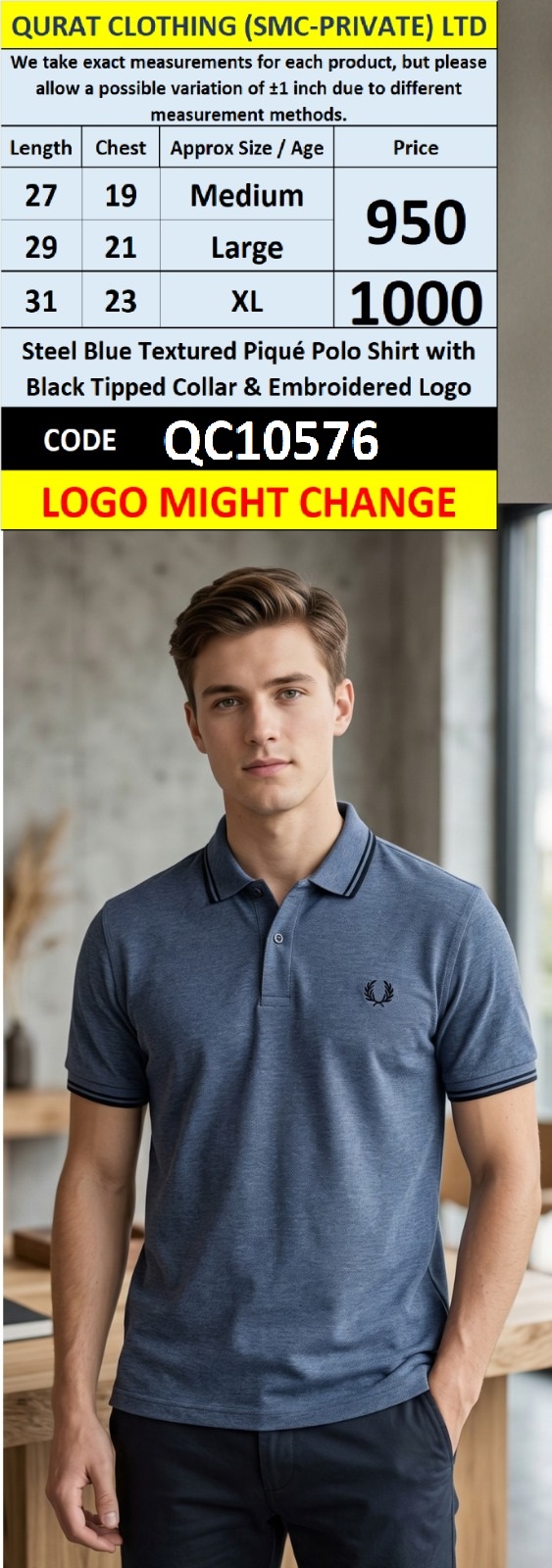 Steel Blue Textured Piqué Polo Shirt with Black Tipped Collar & Embroidered Logo – QC10576