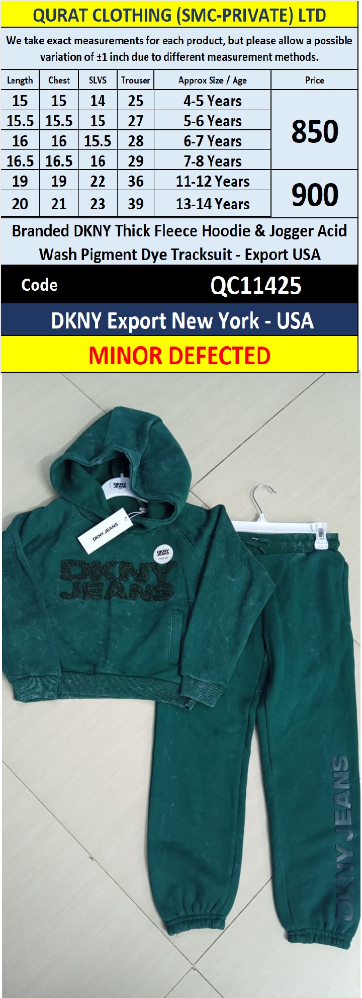 Minor Defected Branded DKNY Green Thick Fleece Hoodie & Jogger Acid Wash Pigment Dye Tracksuit – Export USA – QC11425