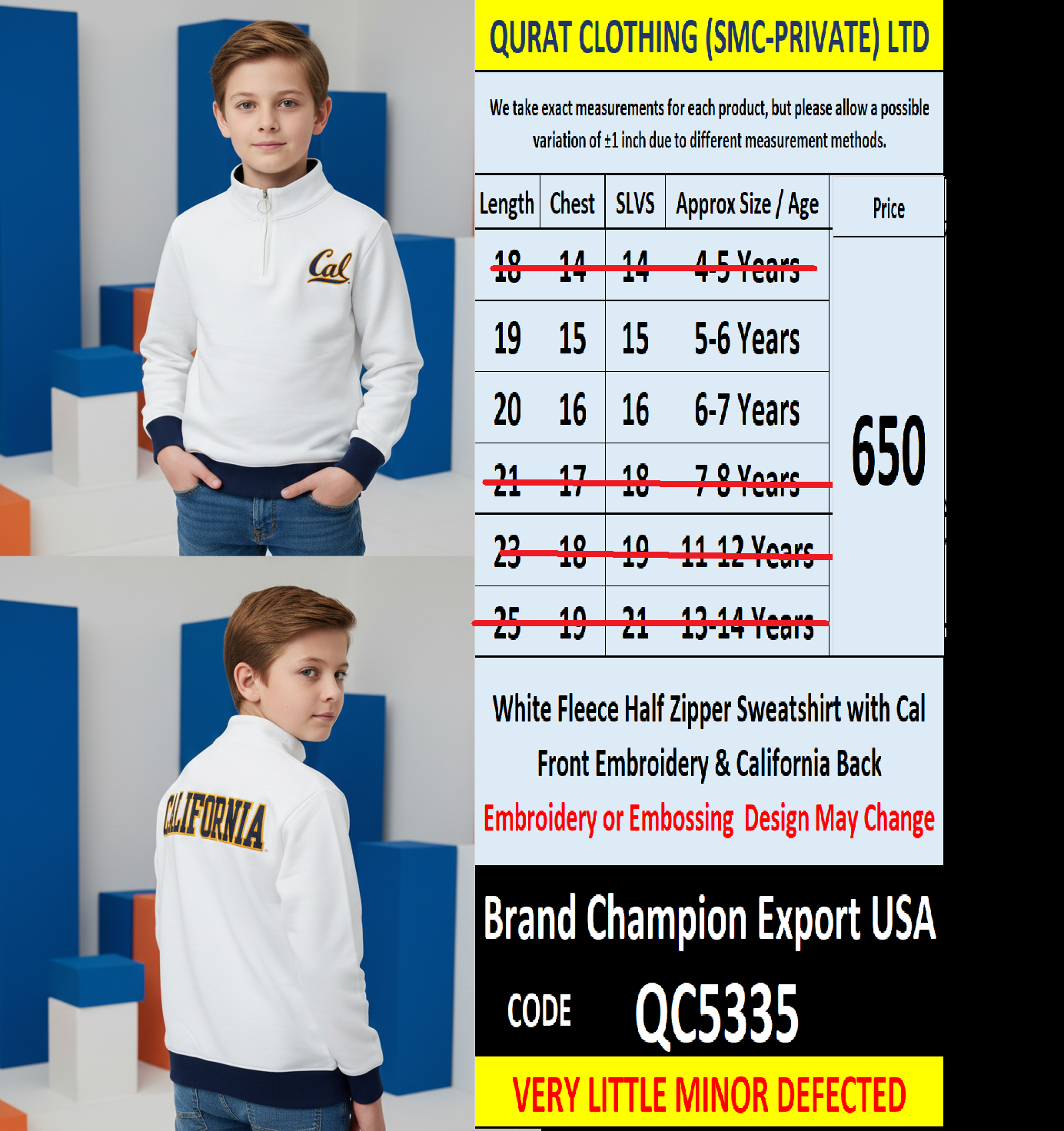 Champion Kids White Fleece Half Zipper Sweatshirt Cal Front Embroidery California Back Embroidery Export USA QC5335