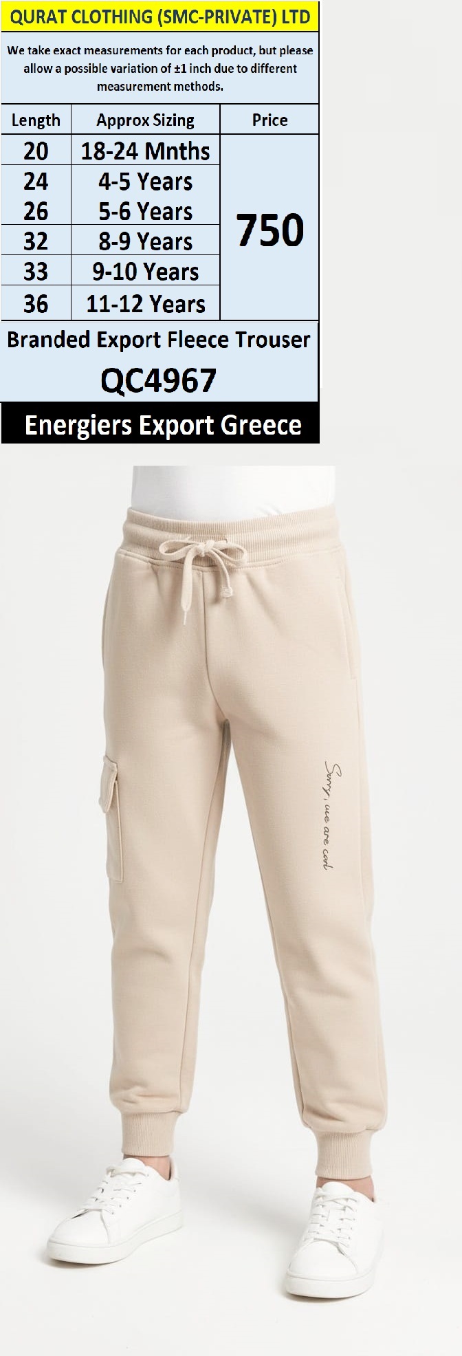 Energiers Brand Beige Fleece Jogger Trousers with Cargo Pocket & “Sorry! We Are Cool” Print QC4967 – Export Greece