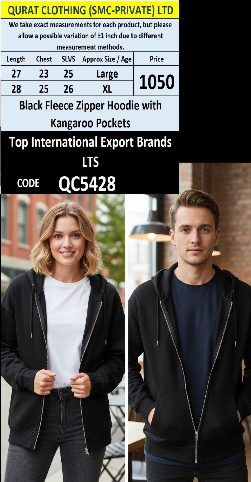 Black Fleece Zipper Hoodie with Kangaroo Pockets QC5428