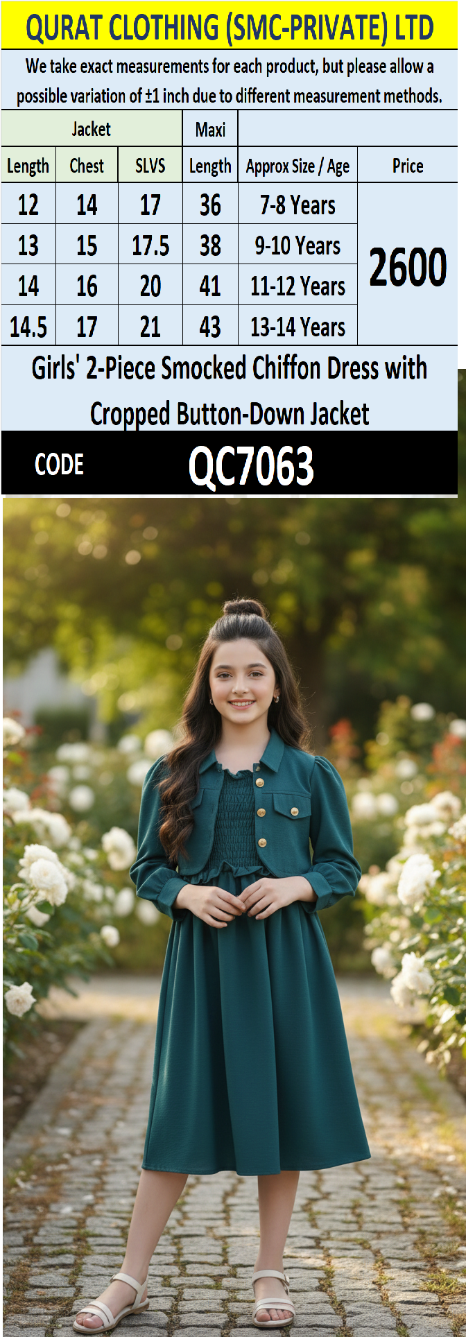 Girls Bottle Green Smocked Chiffon Maxi Dress with Cropped Button-Down Jacket – 2 Piece Formal Set QC7063 - QC7063