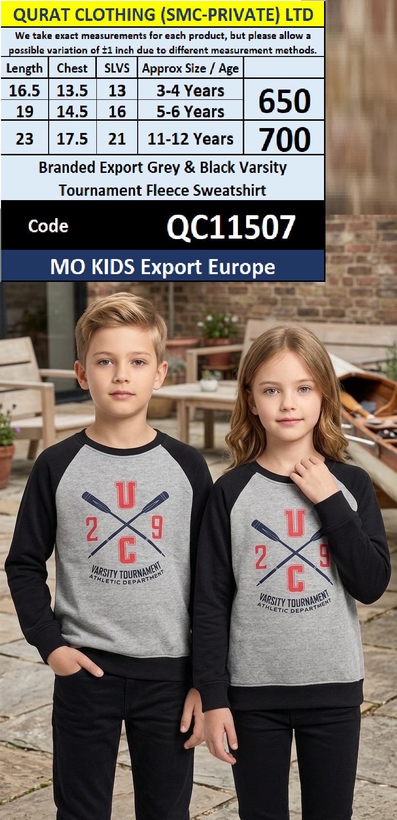 MO KIDS Export Europe Branded Grey & Black Varsity Tournament Fleece Sweatshirt – QC11507