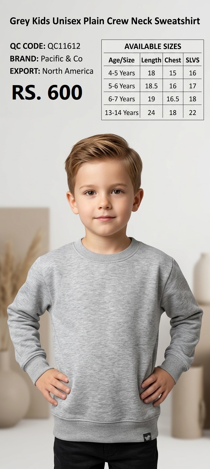 Pacific & Co Grey Kids Unisex Plain Crew Neck Sweatshirt – Export North America – QC11612