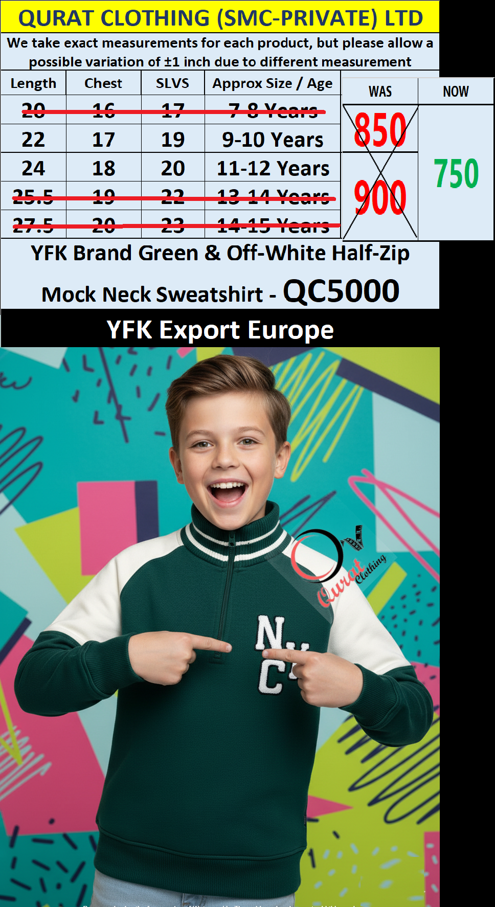YFK Brand Green & Off-White “NYC” Mock Neck Half-Zip Sweatshirt QC5000 – Export Europe