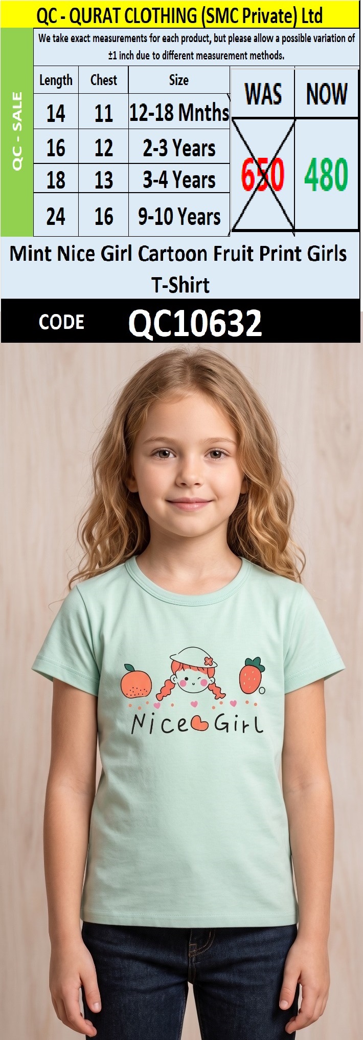 Mint Nice Girl Cartoon Fruit Print Girls T-Shirt QC10632