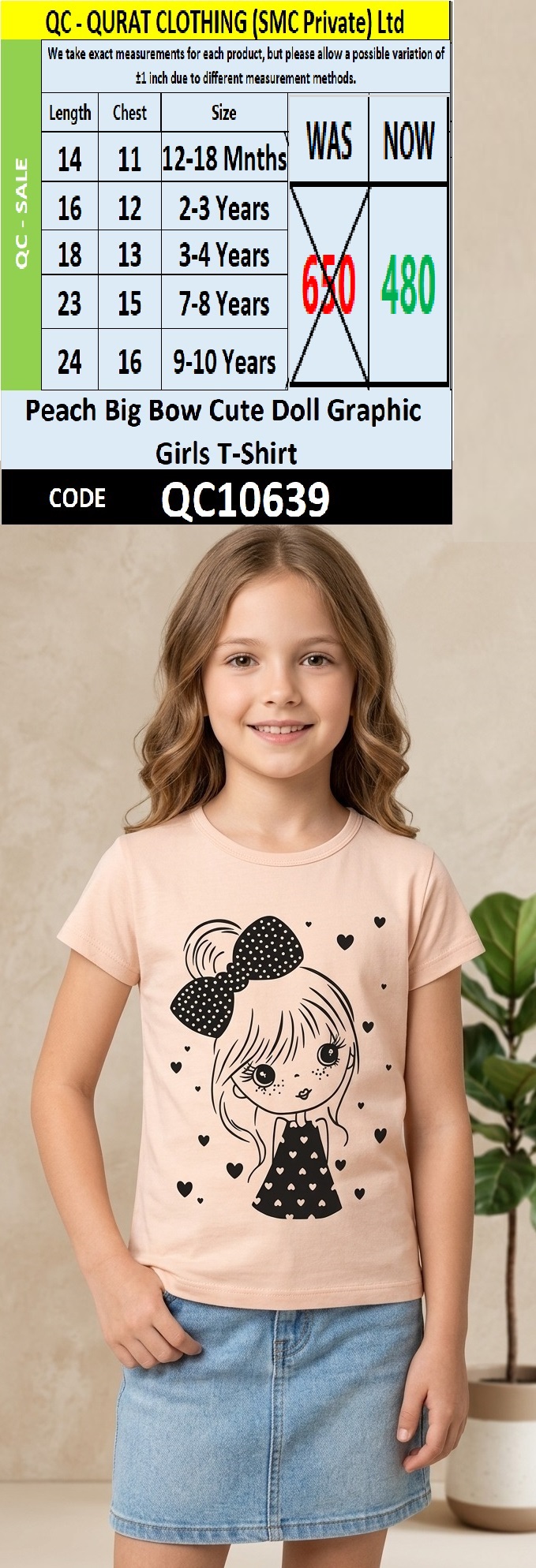 Peach Big Bow Cute Doll Graphic Girls T-Shirt QC10639