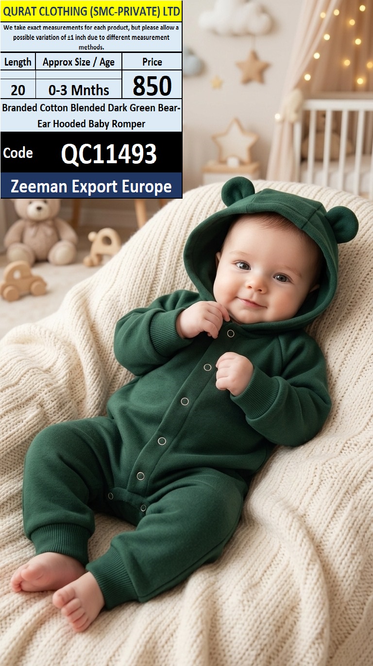 Zeeman Export Europe Branded Cotton Blended Dark Green Bear-Ear Hooded Baby Romper – QC11493
