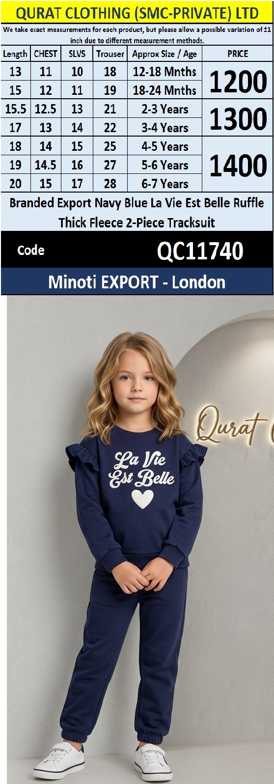 Branded Export Navy Blue La Vie Est Belle Ruffle Thick Fleece 2-Piece Tracksuit Minoti EXPORT - London QC11740 - QC11740