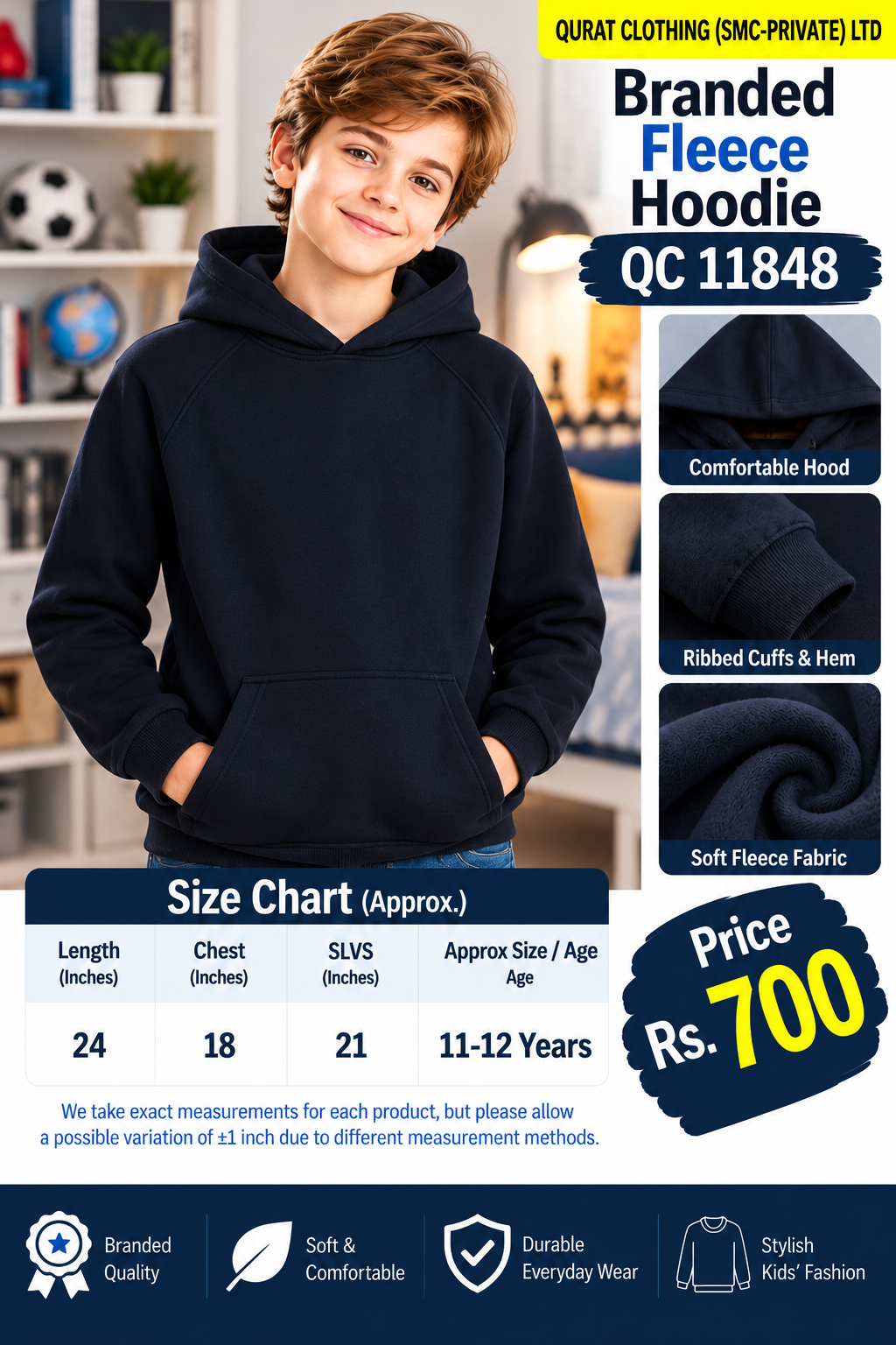 Branded navy blue fleece hoodie with plain design with kangaroo pocket — QC11848