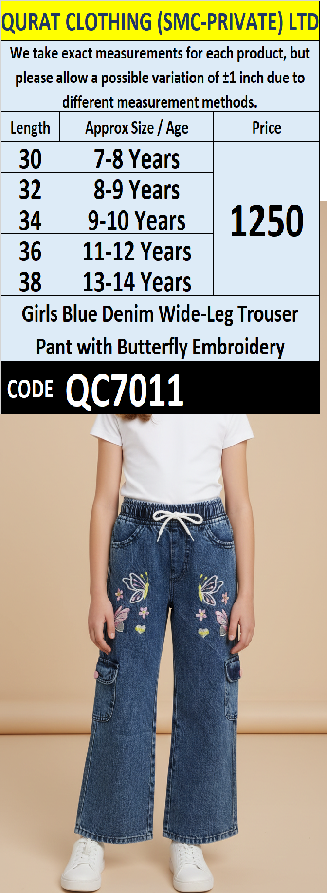 Girls Blue Denim Wide-Leg Trouser with Butterfly Embroidery – Stylish Kids Fashion QC7011
