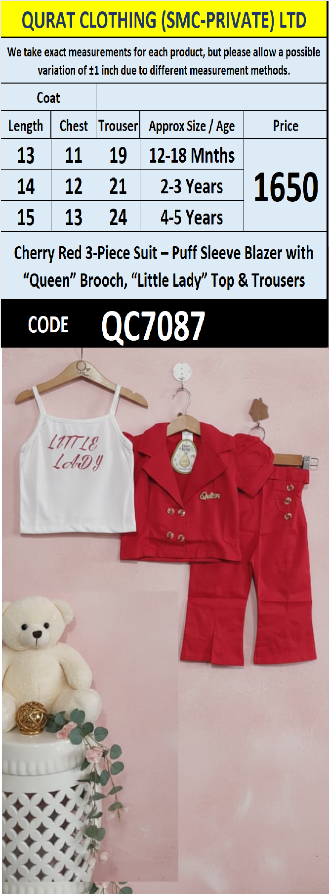 Cherry Red 3-Piece Suit – Puff Sleeve Blazer with “Queen” Brooch, “Little Lady” Top & Trousers QC7087 - QC7087