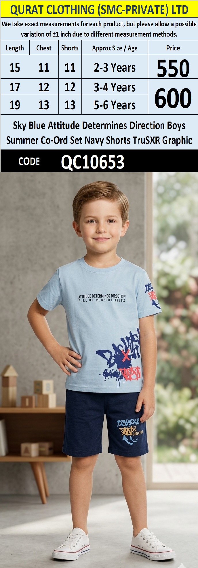 Sky Blue Attitude Determines Direction Boys Summer Co-Ord Set Navy Shorts TruSXR Graphic QC10653