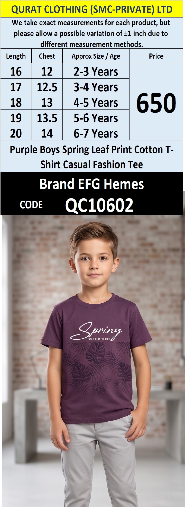 Purple Boys Spring Leaf Print Cotton T-Shirt Casual Fashion Tee – QC10602