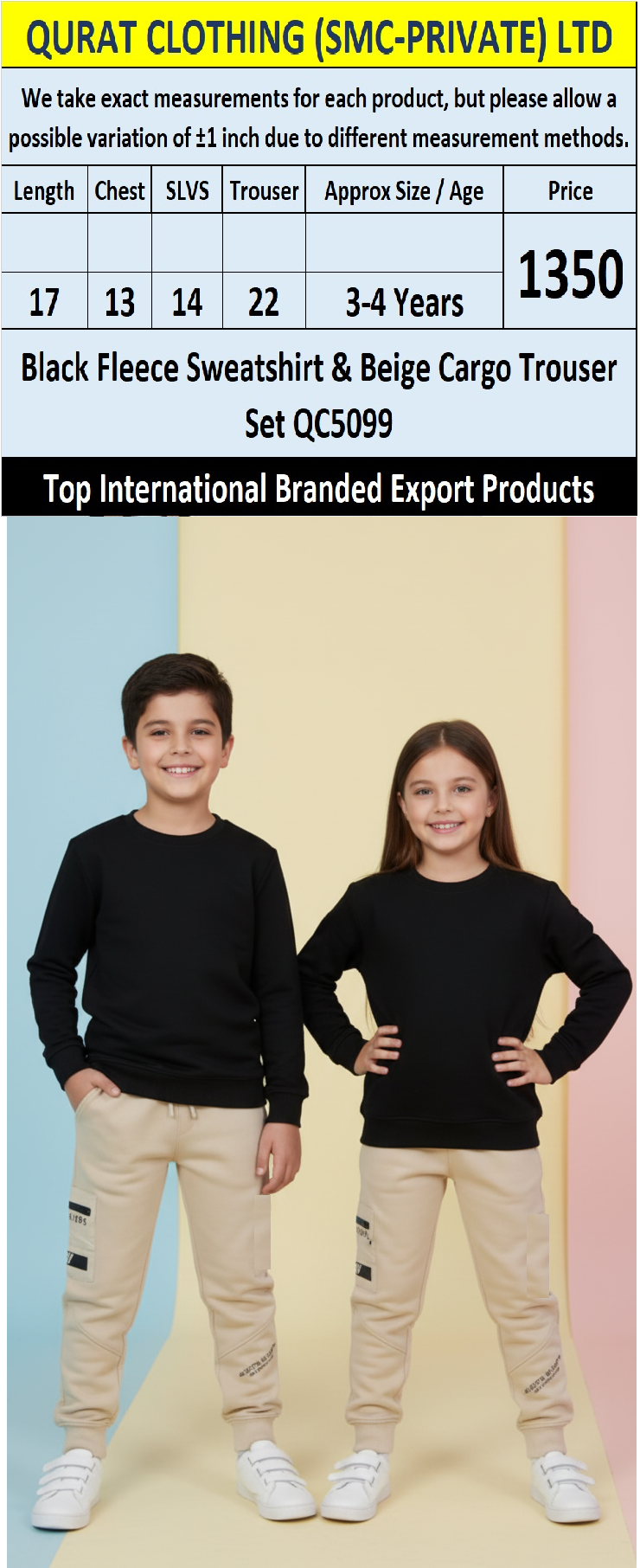 Black Fleece Sweatshirt & Beige Cargo Trouser Set QC5099 – Top International Branded Export Product