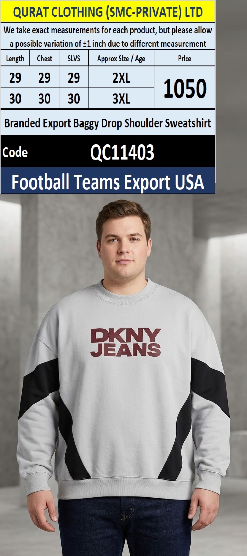 Branded Export Baggy Drop Shoulder DKNY Jeans Sweatshirt – Football Teams Export USA – QC11403