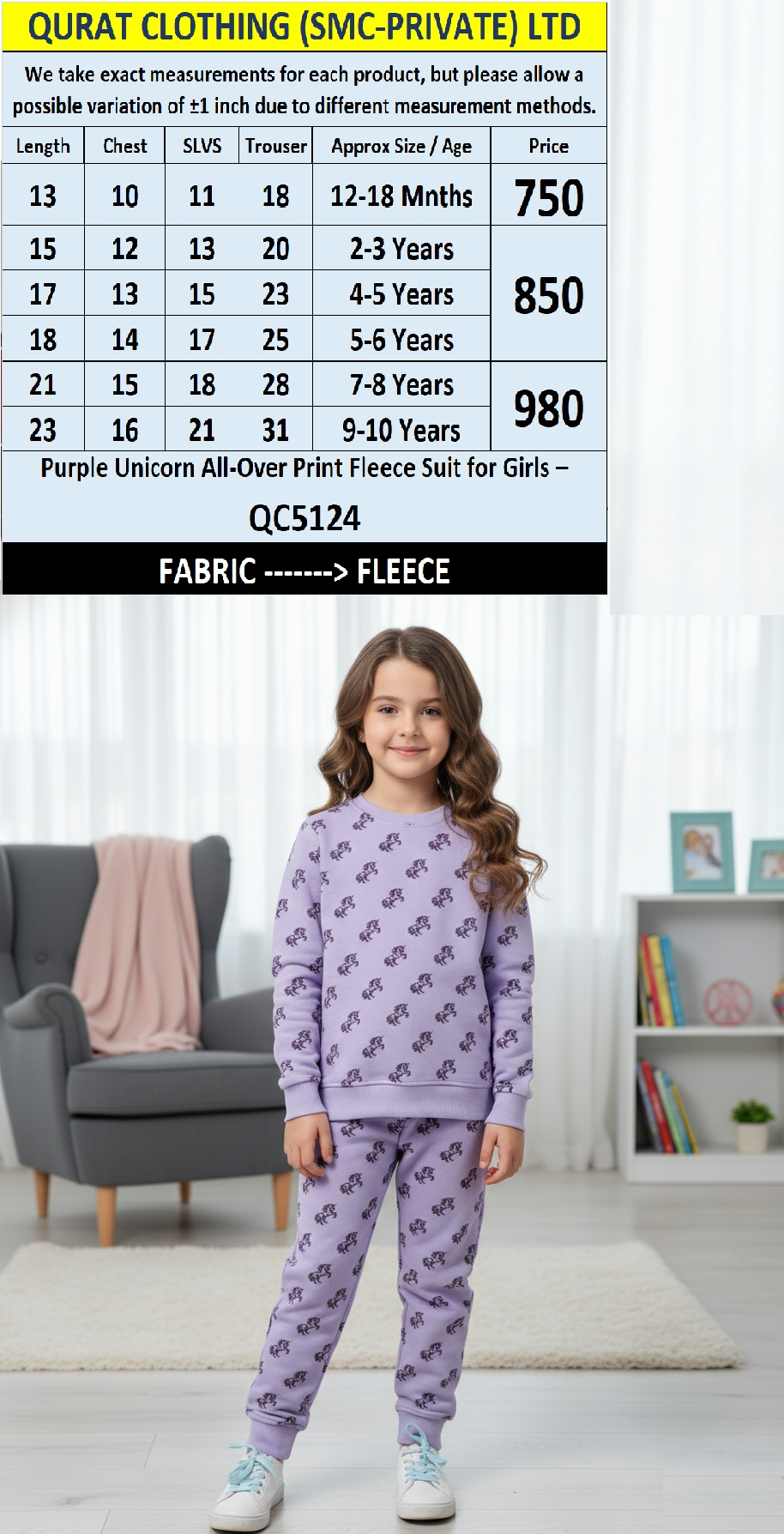 Purple Unicorn All-Over Print Fleece Winter Suit for Girls – QC5124