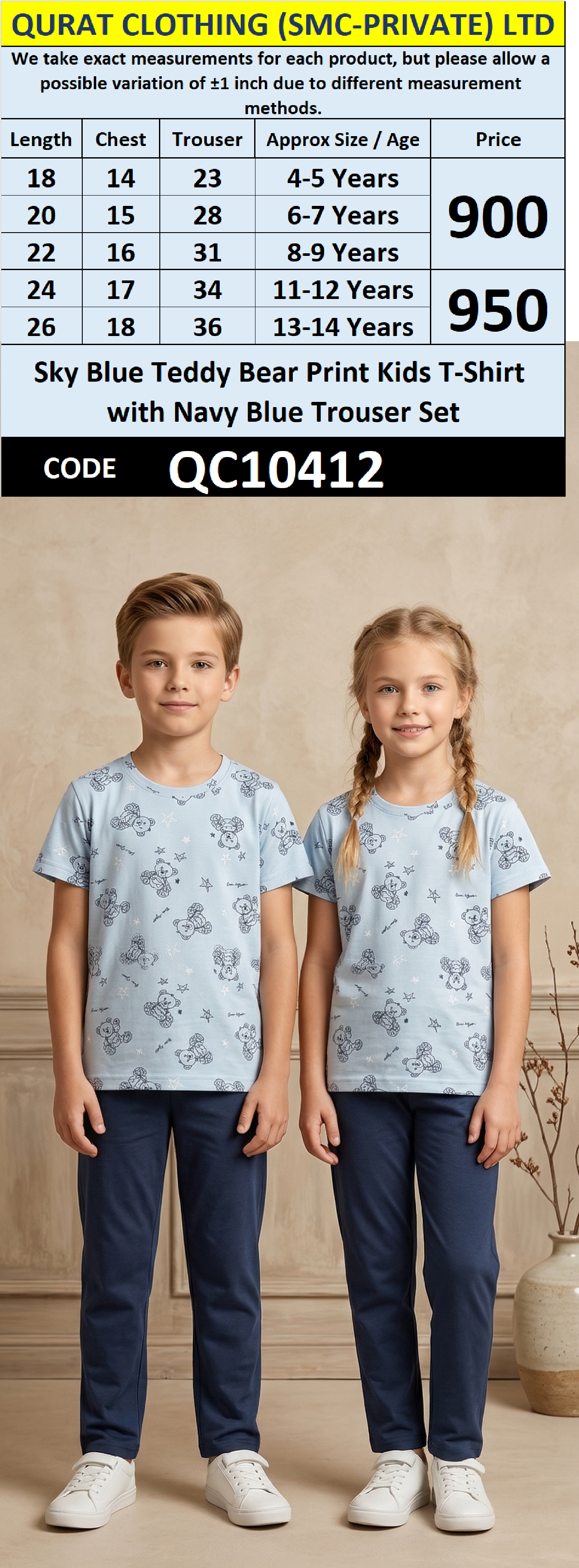 Sky Blue Teddy Bear Print Kids T-Shirt with Navy Blue Trouser Set QC10412