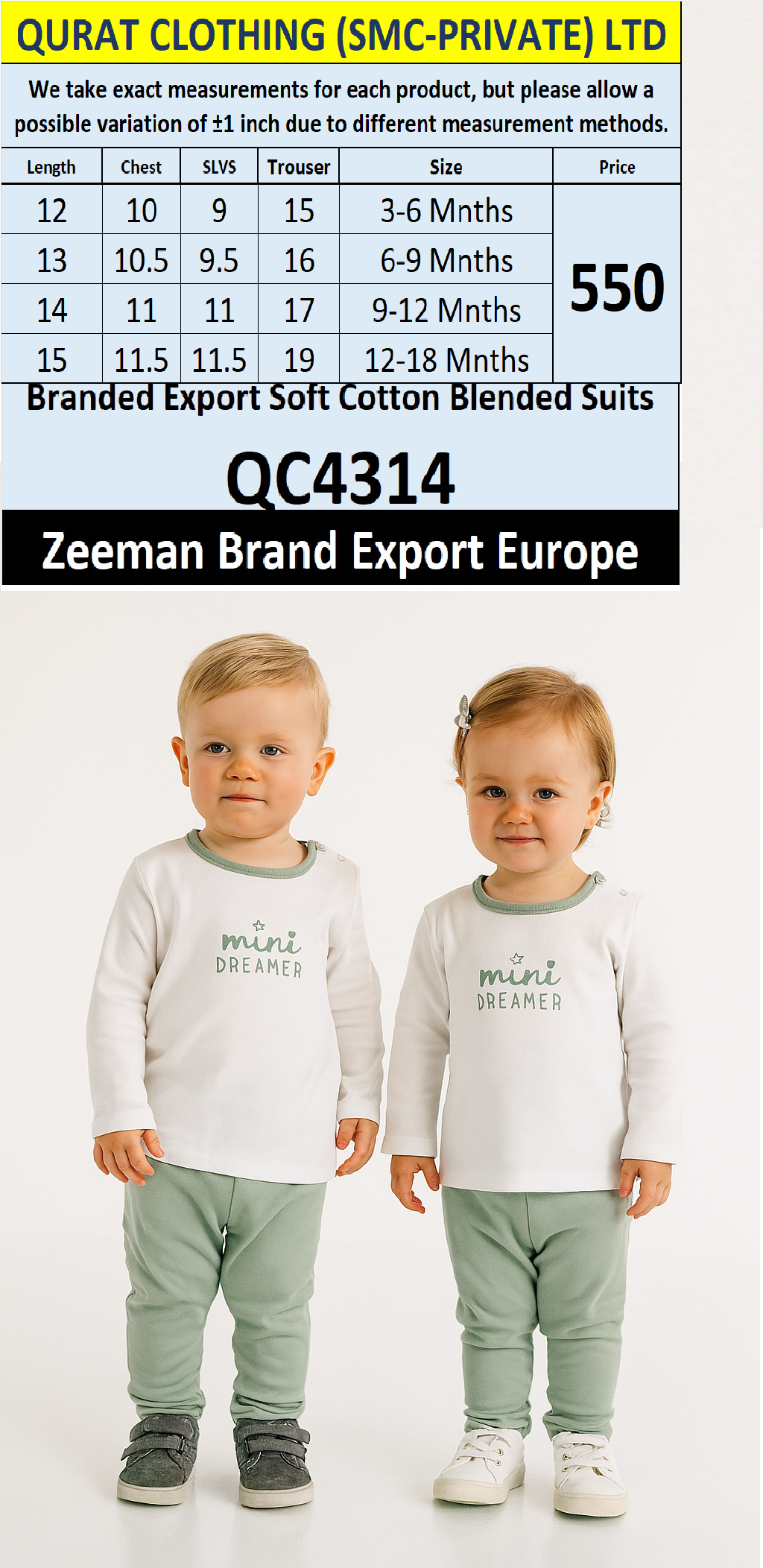 Zeeman Brand Unisex Soft Cotton Blended Suits QC4314 Export Europe 